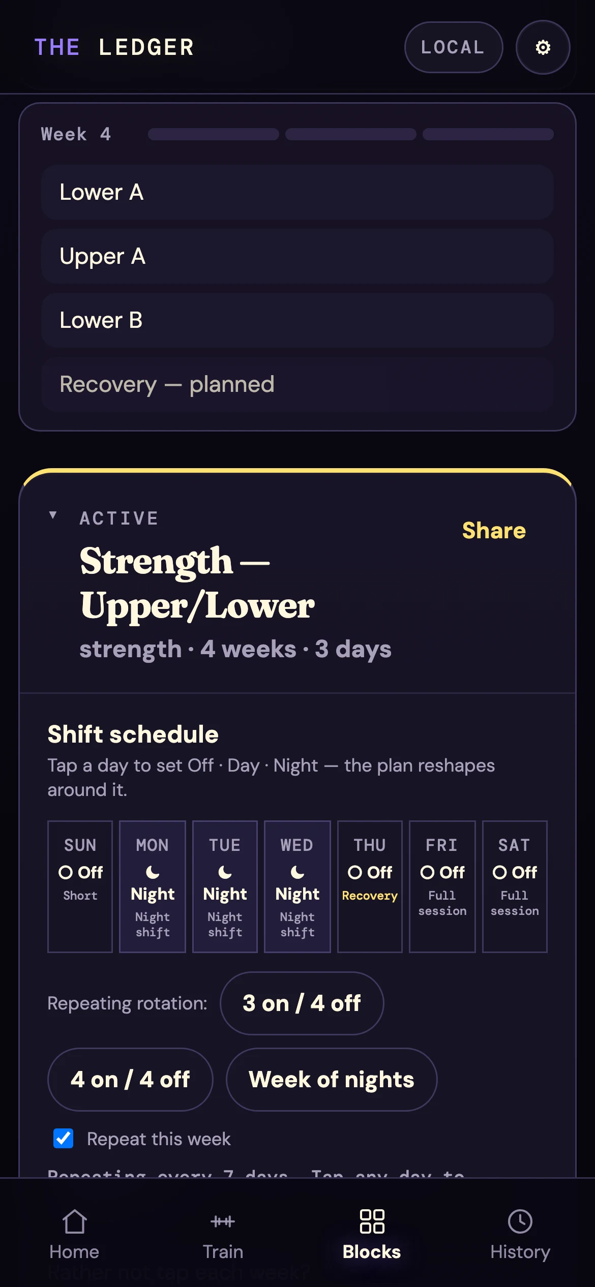 The Ledger's shift schedule: a tap grid where three night shifts are followed by a first day off marked Recovery in gold, and full sessions on the later off-days. Presets read three on four off, four on four off, and week of nights.