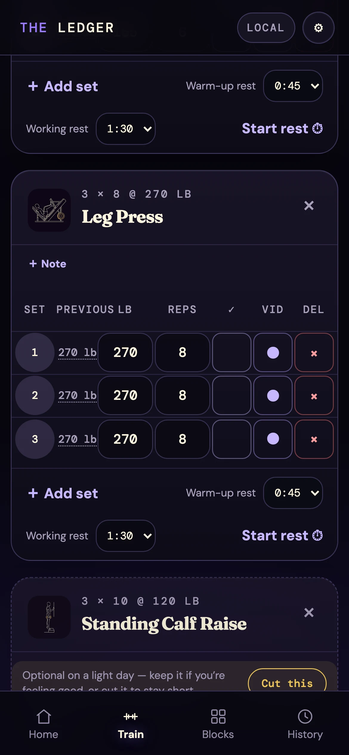 A set table with last session's numbers ghosted in grey behind today's, and a coaching note on the optional lift: keep it if you're feeling good, or cut it to stay short.